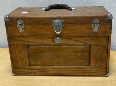 Vintage Wooden Machinist&rsquo;s Tool Chest, 7 Drawers, Drop-Front, Oak, Metal Hardware, Felt Lined 29x13x9&rdquo;