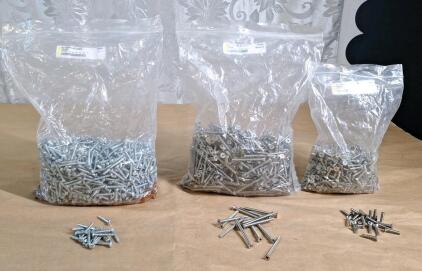 (1) 100+ Count Bag Of 8 x 1 Zinc Plated Stainless Flathead Round Head Self Tapping Screws, (1) 100+ Count Bag Of 8-32 X 2 Stainless Steel Phillips Flat Head Machine Screws & (1) 100+ Count Bag Of 8-32 x 3/4 Stainless Steel Hex Flat Head Machine Screws