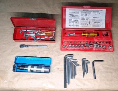 (1) 5-Piece Impact Driver Set, (1) 1/4" Drive Ratchet W/ Assorted Sockets, (1) 1/4" Bit Driver & Assorted Bits & (21) Assorted Allen Wrenches