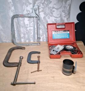(1) Vintage Craftsman Valve Spring Compressor Tool, (1) 8" C-Clamp, (1) 4" C-Clamp, (1) Piston Ring Compressor & (1) 3-Piece Set Of Vintage Tune Up Tools