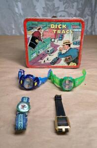 (2) Rug Rats Digital Watches, (1) Scooby Doo Watch, (1) Digital Quartz Watch & (1) Vintage Dick Tracy Lunch Box W/ Assorted Toys