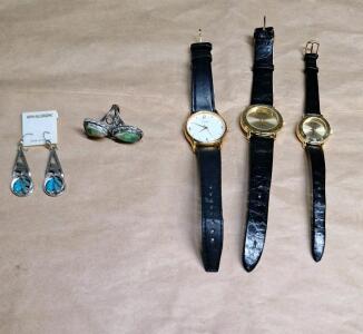 (1) Pair Of Pendant Earrings, (1) Natural Stone Ring & (3) Watches