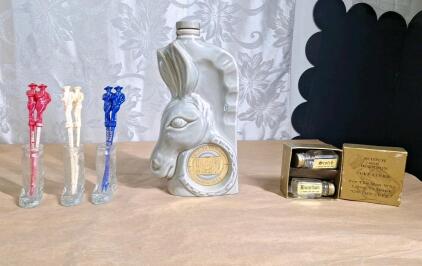 (1) Vintage Jim Beam Grey Donkey Decanter, (3) Vintage Jim Beam Boot Shot Glasses, (6) Vintage Jim Beam Red White & Blue Cocktail Stirrer /Swizzle Sticks & (1) Pair Of Vintage Novelty Scotch & Burbon Bottle Cufflinks