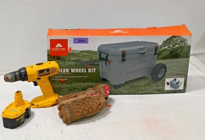 DeWalt 18V Cordless Drill/Driver with Extra Battery, NiCd, 1/2" Chuck. Cooler walker that comes with wheels and steel bars, and a baseball glove