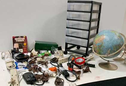 Large Lot: Power Strips, Extension Cords, Tabletop Timer, Desk Globe, Rolling Storage Drawers