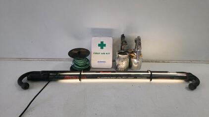 (1) Snap-On Fluorescent Utility Light (1) Vintage First aid kit, (2) Airless Paint Sprayers
