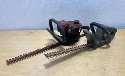 Homelite HT-17 Classic Gas Hedge Trimmer ( Untested )& Black+Decker Electric Hedge Trimmer ( Powers On ), 17" Blades