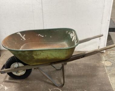 Steel Tray Single-Wheel Wheelbarrow, 6 cu ft, Pneumatic Tire, Wood Handles, Green/Rust