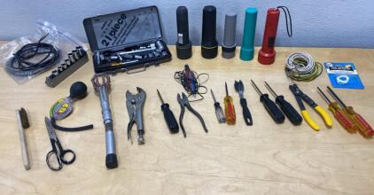 Stanley Screwdrivers, 21-Piece Socket Set, Pliers, Flashlights, Wire Tools and Accessories Lot