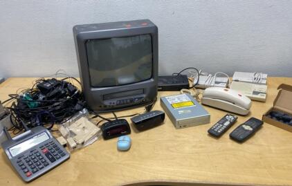 Vintage Electronics Lot: Symphonic CRT TV/VCR( Powers On), Sharp Calculator, Phones, Remotes & Accessories