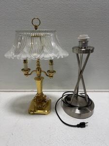 Vintage Brass and Glass Table Lamp, Dual Candelabra Sockets, Ribbed Scallop Shade, 17"