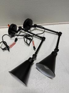Pair Black Adjustable Swing Arm Wall Lamps, E26 Socket, Plug-in or Hardwire, Metal Shade