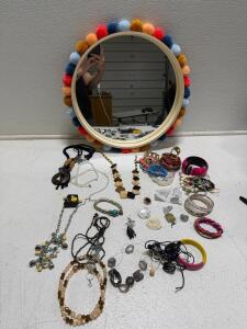 Large Mixed Costume Jewelry Lot ~30+ Necklaces Bracelets Bangles & Target Pom Pom Wall Mirror 18"