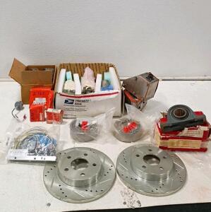 Industrial Machinery Parts Lot: MRC Bearings, Drilled Rotors ~12", Bracket, Wiring Harness