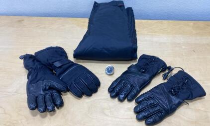 Olympia Moto Sports Women's Size 10 Riding Pants, Olympia GORE-TEX Gloves, Gerbing Heated Gloves, Harley-Davidson Motorcycle Clock