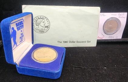 Babe Ruth Sultan of Swat Coin, 1980 Susan B. Anthony Dollar Souvenir, 1986-S Proof Half Dollar
