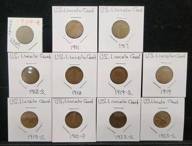 Lot of 11 Lincoln Wheat Cents: 1909, 1910, 1911, 1917, 1918, 1918-S, 1919, 1919-S (x2), 1923-S, 1953-S