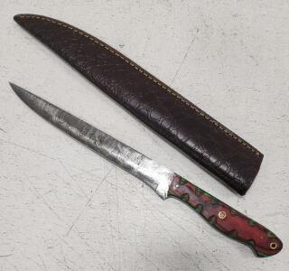 (1) Fixed Blade Damascus Steel Filet Knife With Wood Handle And Sheath