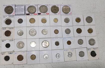 World Coin Collection: 29 Coins, Multiple Countries, Mexico Silver Pesos, 1800s-1960s