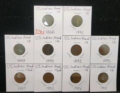 Indian Head Cent Collection: 1866, 1882, 1889, 1890, 1892, 1893, 1897, 1902, 1906, 1908