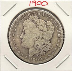 1900 Morgan Dollar, United States, 90% Silver, Well-Circulated, Cardboard Holder