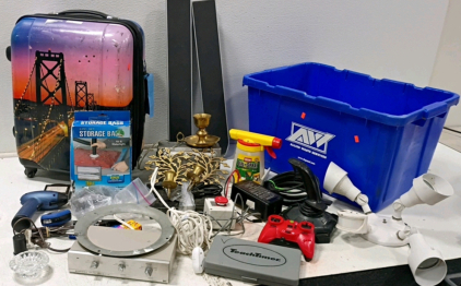 Large Mixed Electronics and Decor Lot w/ Sony Speakers, Logitech Joystick, Hard Shell Suitcase
