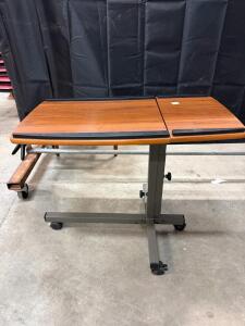 Overbed Table with Split Tilting Top, Height Adjustable, Woodgrain Laminate Surface