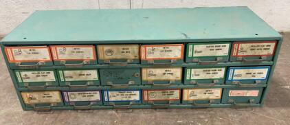 Steel Parts Storage Cabinet, 18 Drawers, Filled with Assorted Items - 34x12x11&rdquo;