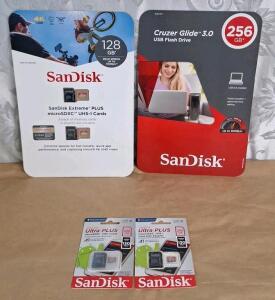 (1) 2-Pack Of SanDisk 128GB MicroSDXC Cards, (2) SanDisk 256GB MicroSDXC Cards & (1) SanDisk 256GB Cruzer Glide 3.0 USB Flash Drive