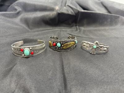 Native American Style Silver Cuff Bracelets &ndash; Turquoise & Coral, Stamped, Thunderbird & Feather Motifs