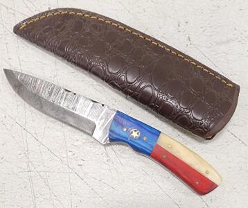 (1) Fixed Blade Damascus Steel Utility Knife With Wood And Resin Handle And Sheath