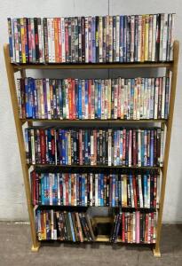 Large approx 180 DVD Movie Collection, Mixed Genres, with 5-Tier Wood Shelf, Region 1, Good Condition- Life of Brian - Bob Hope - Mythaca and A Lot More