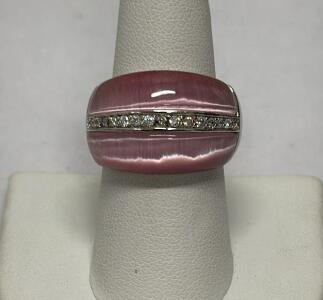 Sterling Silver Pink Cat&rsquo;s Eye and Cubic Zirconia Wide Band Statement Ring, 925 Stamped