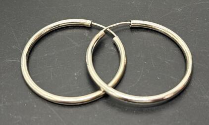 Sterling Silver Hoop Earrings, 1.75 inch Diameter, Continuous Closure, Classic Polished Finish