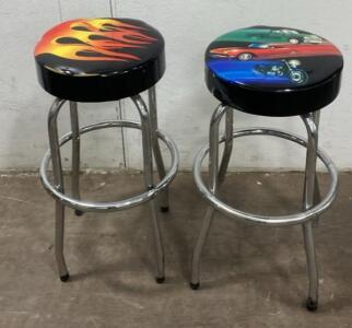 Pair of Retro Chrome Bar Stools with Custom Vinyl Seats, 30" Height, 360&deg; Swivel