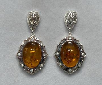 Sterling Silver Amber Drop Earrings, Ornate Filigree, Oval Cabochon, Post Back, Baltic Style