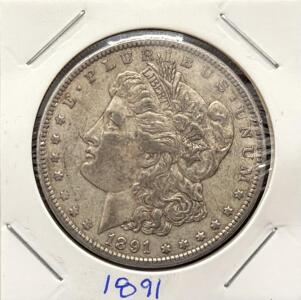 1891 Morgan Silver Dollar, United States, 90% Silver, Circulated, Cardboard Holder