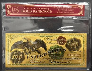 Commemorative 24K Gold-Plated Replica of 1863 U.S. $100 Gold Certificate