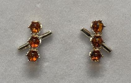 Sterling Silver Stud Earrings w/ Orange Gemstones, Modern Geometric Bar Design, Round Faceted Stones
