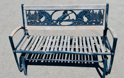 Cast Iron Outdoor Glider Bench With Horse Relief, 50" Wide, 2-Person Capacity