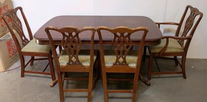 Chippendale Style Dining Table Set, Double Pedestal, 4 Chairs, 3 Removable Leafs, Upholstered Seats