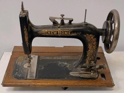 Antique New Home Treadle Sewing Machine, Circa 1917, Serial #2396896, Ornate Decals, Wood Base