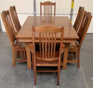 Mission Style Solid Oak Dining Table With 2 Leaves & 6 Slat-Back Chairs (2 Arm, 4 Side)