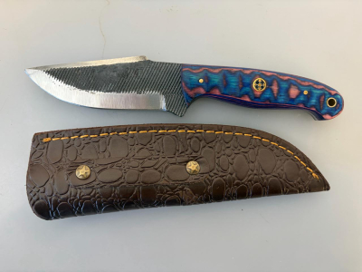 Handcrafted Fixed-Blade Hunting Knife, Drop Point, Custom Dyed Wood Handle, Leather Sheath, 8.5" OAL