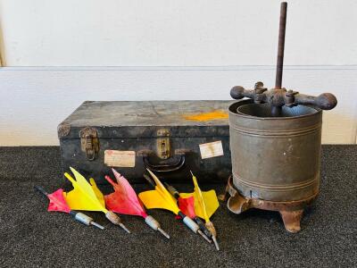 Vintage Metal Suitcase/Trunk with Northwest Orient Tag, Vintage Juicer and Lawn Darts