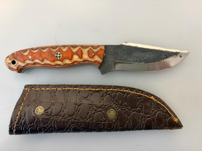 Custom Fixed Blade Hunting Knife, Wood Handle, 4.5" Blade, Leather Sheath, Mosaic Pin