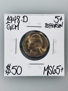 1948-D Jefferson Nickel, GEM Uncirculated MS65+, Denver Mint, 5&cent;, Felix Schlag Design