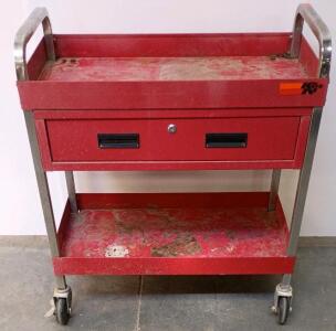 Red 2-Shelf Metal Rolling Tool Cart with Single Drawer, Locking, Tubular Handles, K&N Decal
