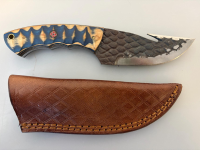 Custom Forged Skinning Knife, Gut Hook, Blue/Yellow Handle, Mosaic Pin, Leather Sheath, 8" OAL
