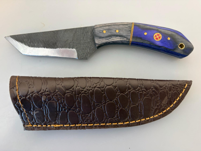 Handmade Tanto Fixed-Blade Knife, Blue Dyed Wood Handle, Mosaic Pin, Leather Sheath, 4.5" Blade